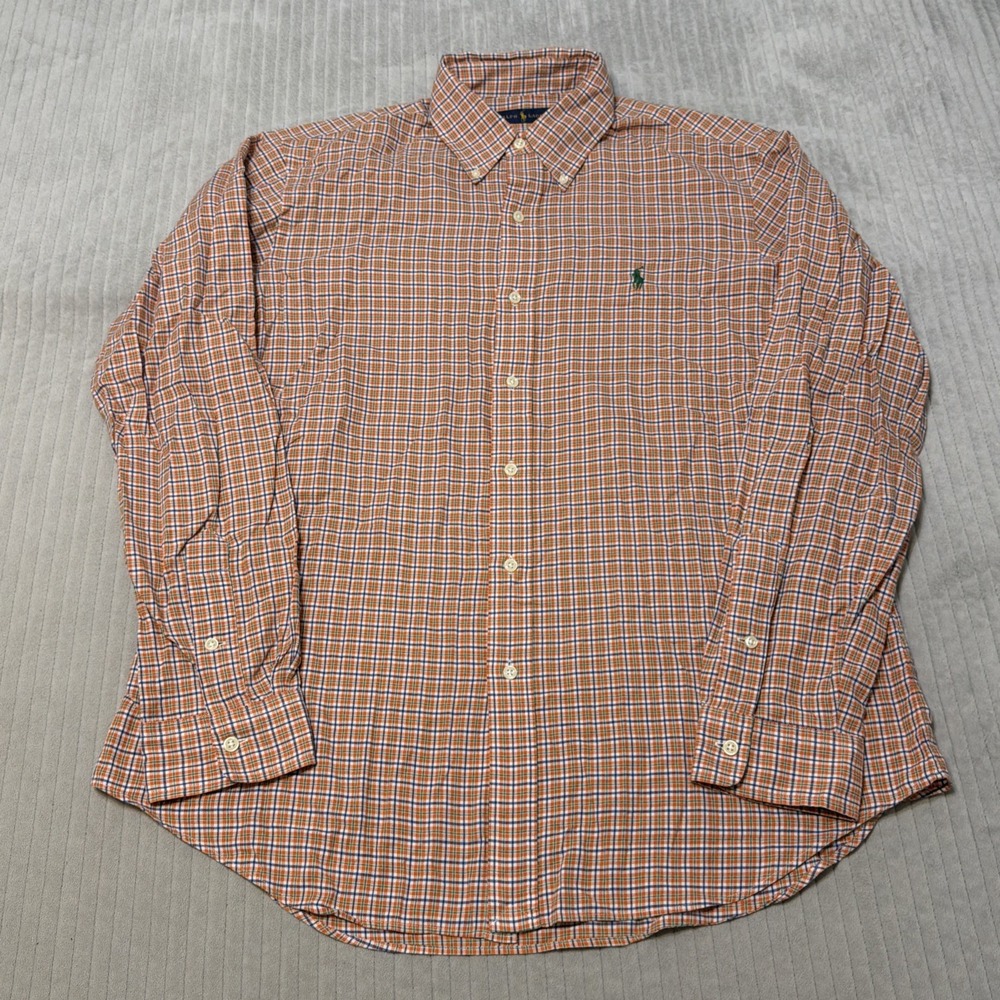 Ralph Lauren Classic Fit Mens Orange Green Plaid Button Down Shirt Large Pony